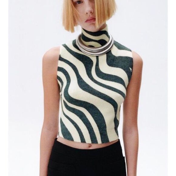 ZARA Women's Zebra Wool Blend Turtle Neck Tank Top Size Small - Picture 1 of 5